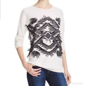 Aqua Cashmere Sweater Geometric Tribal Fringe Cream Black Medium